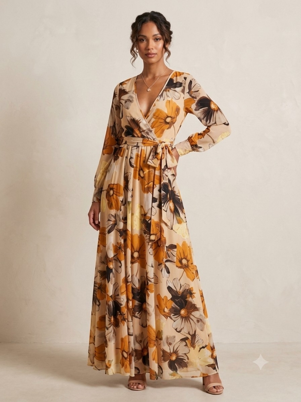 Baltic Born Lydia Floral Wrap Maxi Dress in Mustard and Cream